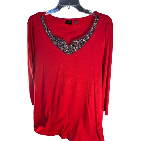 Red Rafaella XL Beaded V-Neck Long-Sleeve Top - Picture 3 of 6